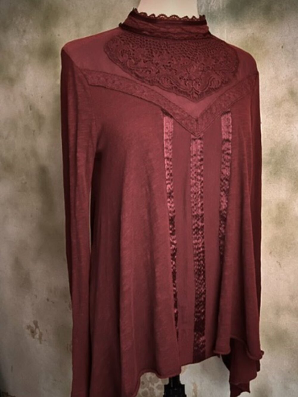 Free People Plum Embroidered Lace High Neck Boho Top XS